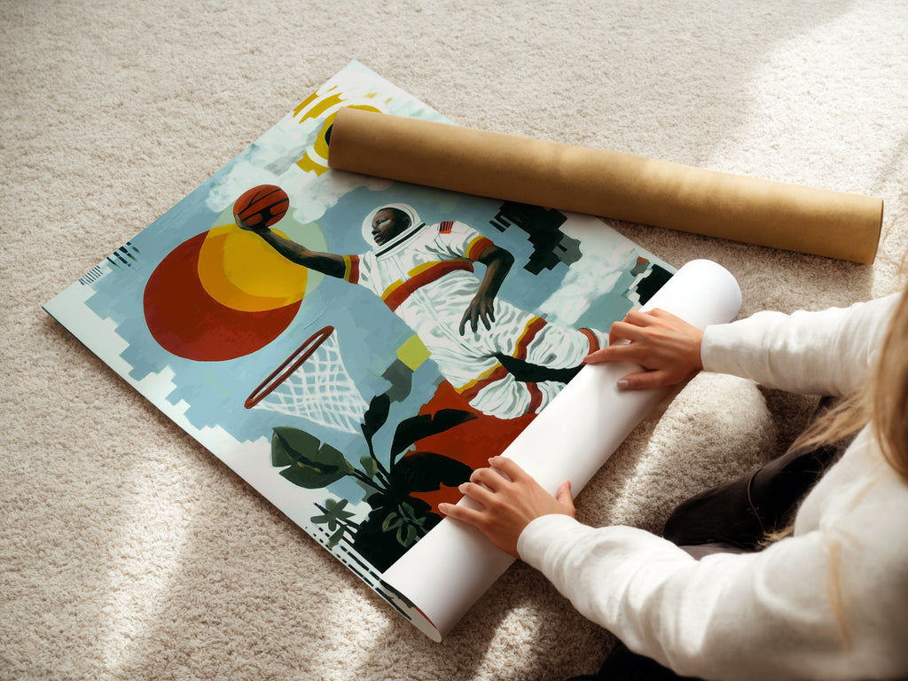A woman is carefully rolling a fine art poster paper. Prepare to display your basketball astronaut artwork. A great option for versatile wall art. Perfect for those who appreciate quality and detail in art.