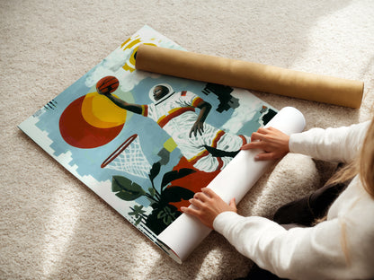 A woman is carefully rolling a fine art poster paper. Prepare to display your basketball astronaut artwork. A great option for versatile wall art. Perfect for those who appreciate quality and detail in art.