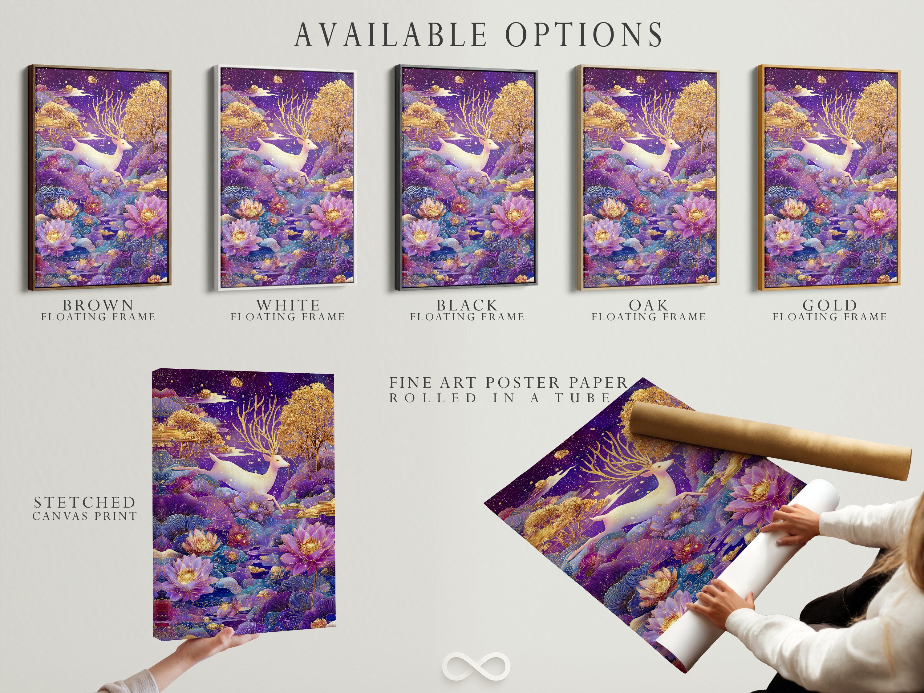 Available options for the Mystical Deer artwork are displayed. Choose from a stretched canvas print fine art poster paper or a floating frame. Customize your artwork to match your style. Enhance your home decor with this magical piece.