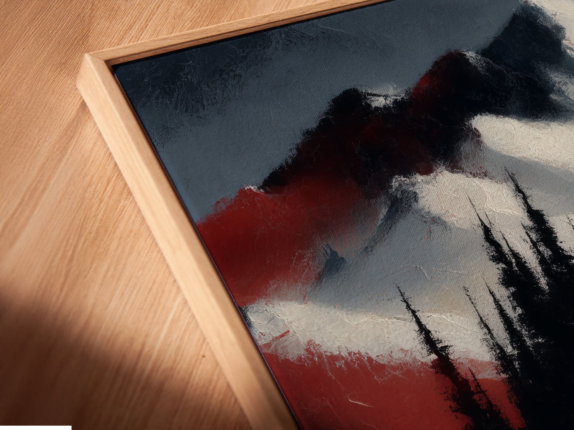 A close-up angled view reveals a canvas print in a floating frame. This ski trail print highlights the artwork's texture. A great choice for alpine wall art in any home or ski lodge.