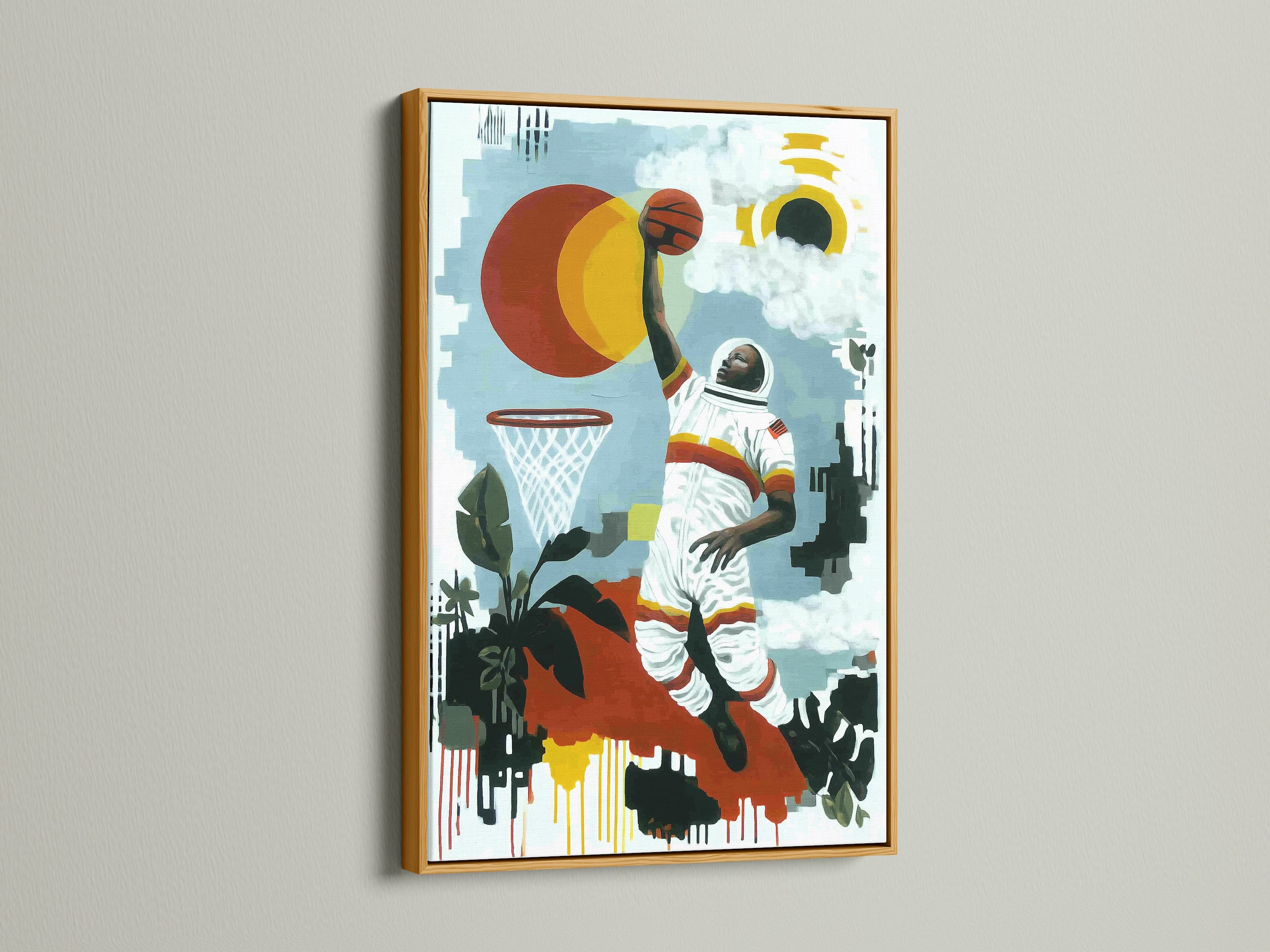 Elevate your decor with this basketball astronaut canvas print in a gold frame. Retro space art that brings a touch of luxury. Ideal for game rooms studios and lobbies. A statement piece for any space.
