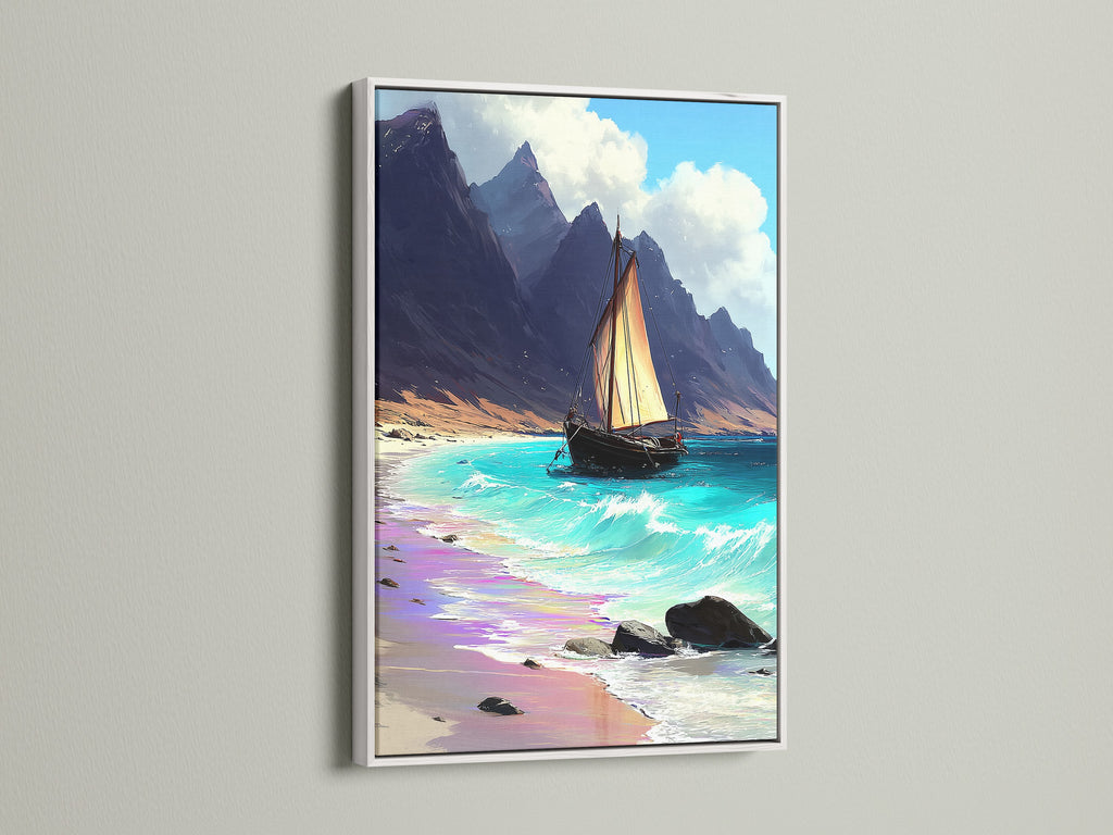 White Frame displays a coastal sailboat art print. Nautical wall art is showcased. Teal artwork enhances the ocean view. The beige wall art complements any space. Various sizes are available. Perfect for living room wall art.