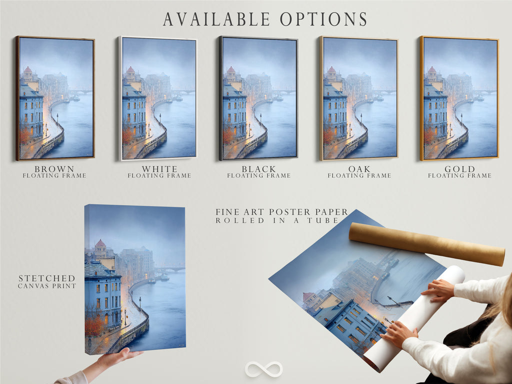 Available options include a stretched canvas print fine art poster paper and floating frame. Explore cityscape river art featuring European architecture. Consider misty cityscape photography for blue wall art.