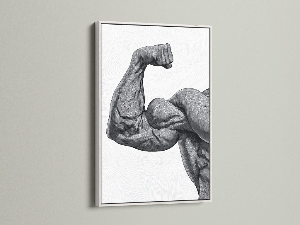 This artwork features a bold illustration of a muscular arm framed in a clean white frame. White frames offer a modern and minimalist look. Ideal for contemporary spaces. Discover our range of art prints in white frames. Elevate your home decor with our stylish artwork. High-quality prints and frames for every taste.