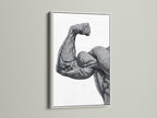 This artwork features a bold illustration of a muscular arm framed in a clean white frame. White frames offer a modern and minimalist look. Ideal for contemporary spaces. Discover our range of art prints in white frames. Elevate your home decor with our stylish artwork. High-quality prints and frames for every taste.