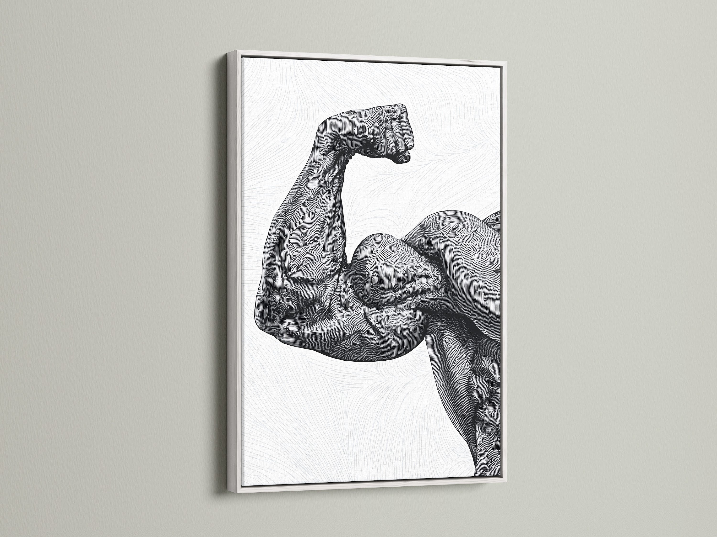 This artwork features a bold illustration of a muscular arm framed in a clean white frame. White frames offer a modern and minimalist look. Ideal for contemporary spaces. Discover our range of art prints in white frames. Elevate your home decor with our stylish artwork. High-quality prints and frames for every taste.