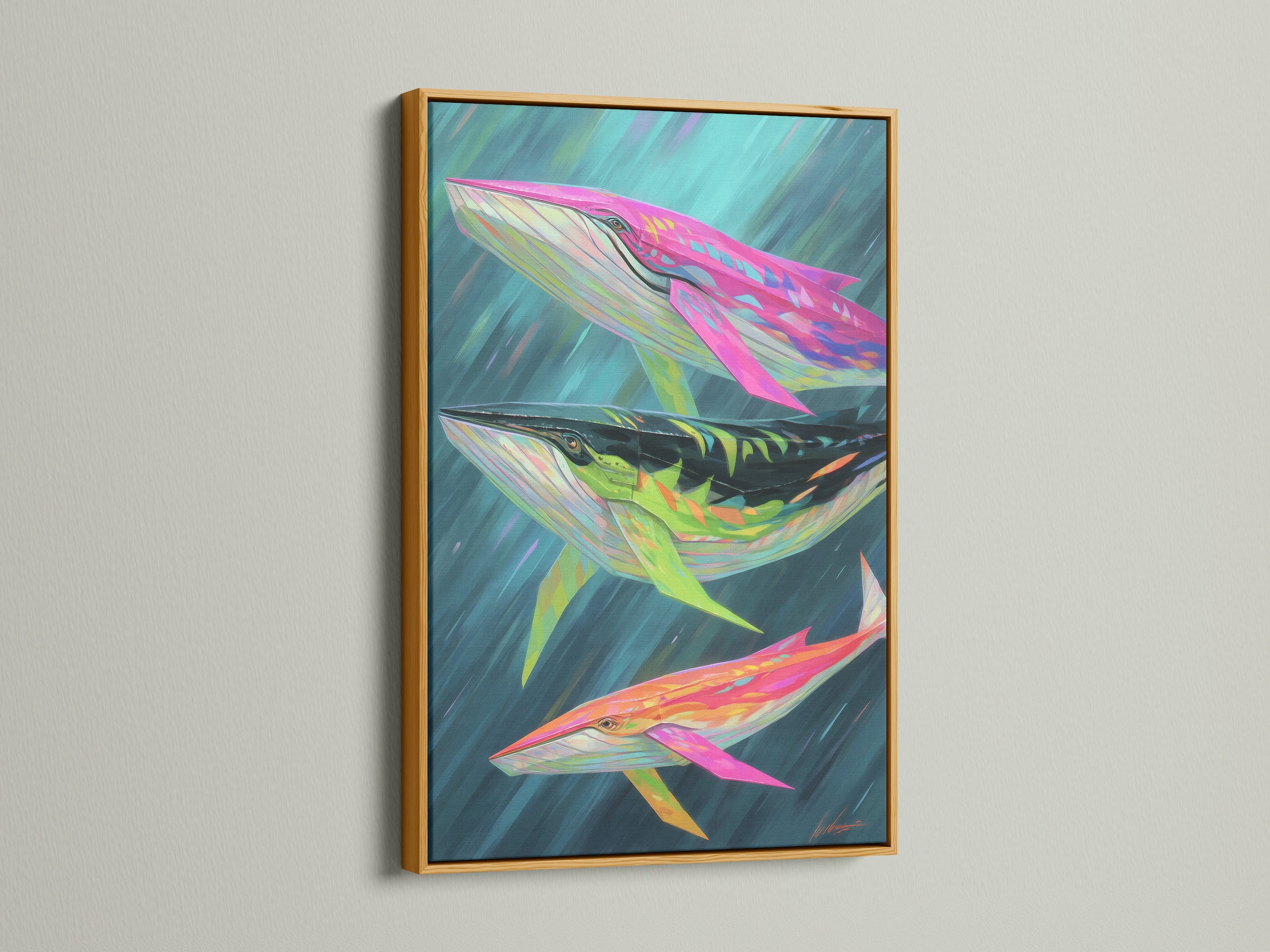 Admire whale artwork in a gold frame. It adds a touch of elegance to any room. This whale poster enhances your nautical wall art collection. A stunning piece of sea life decor.