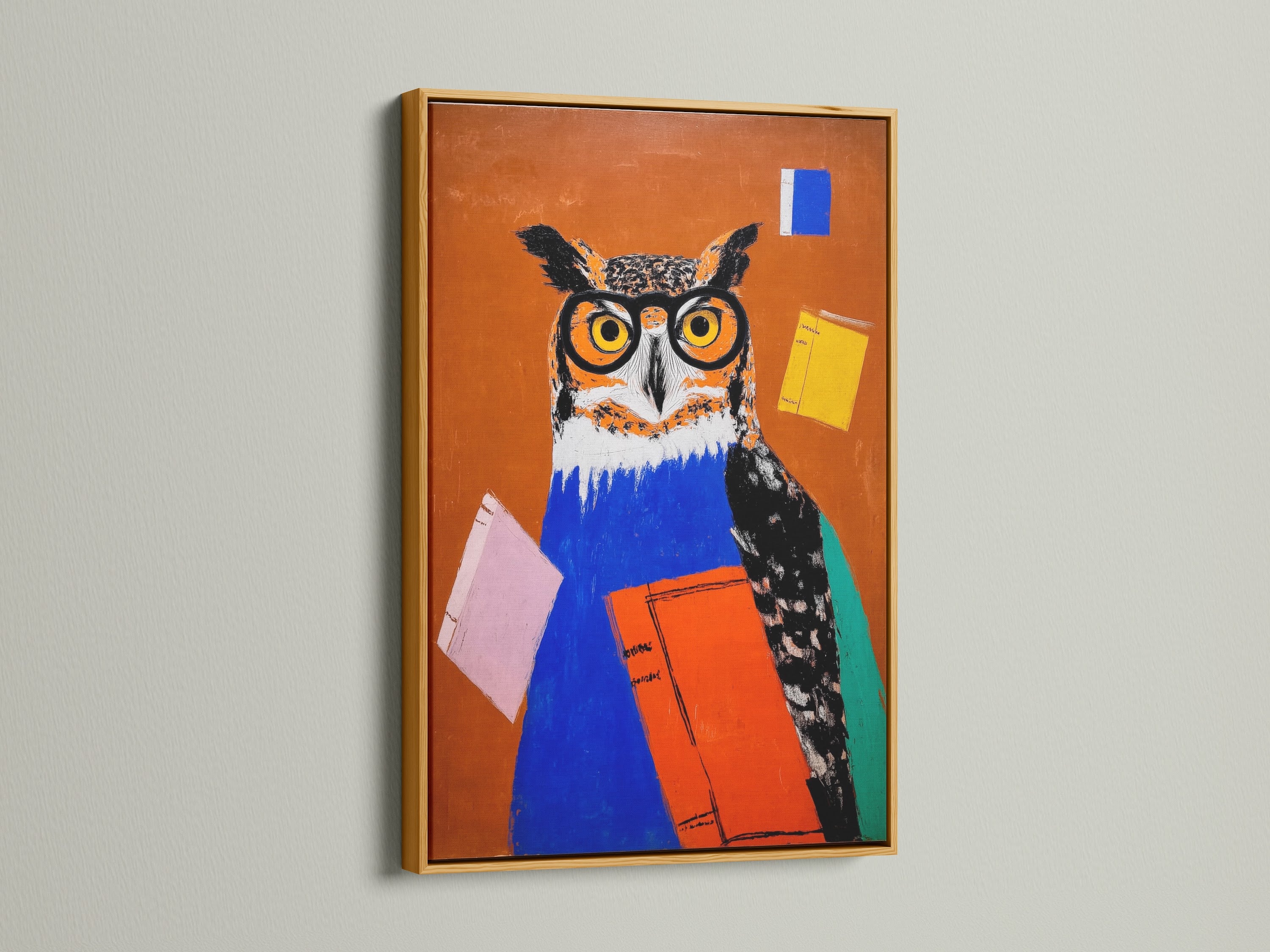 A gold frame features the Owl with Books Art Print. It is a colorful owl artwork. It's ideal for a teacher gift. It can also be professor decor. This bird wall art adds a touch of whimsy. The study art print is perfect for nerdy artwork.