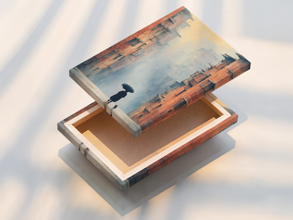 A stretched canvas print featuring a misty cityscape. This urban landscape is ready to hang and brings a touch of contemporary style to any room. Ideal for homeowners and renters seeking sophisticated wall art.