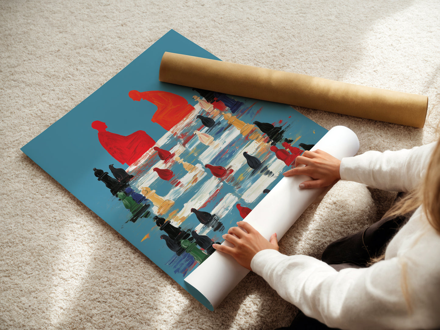 A woman is carefully rolling a fine art poster paper. The paper showcases abstract chess artwork. Perfect for those seeking unique decor options. Discover modern art for your space.