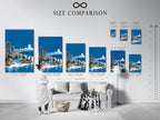A size comparison chart in an interior setting displays the Surreal Frozen City artwork. Visualize the perfect fit for your space. Perfect for interior decorators and homeowners. Find your ideal wall art size.