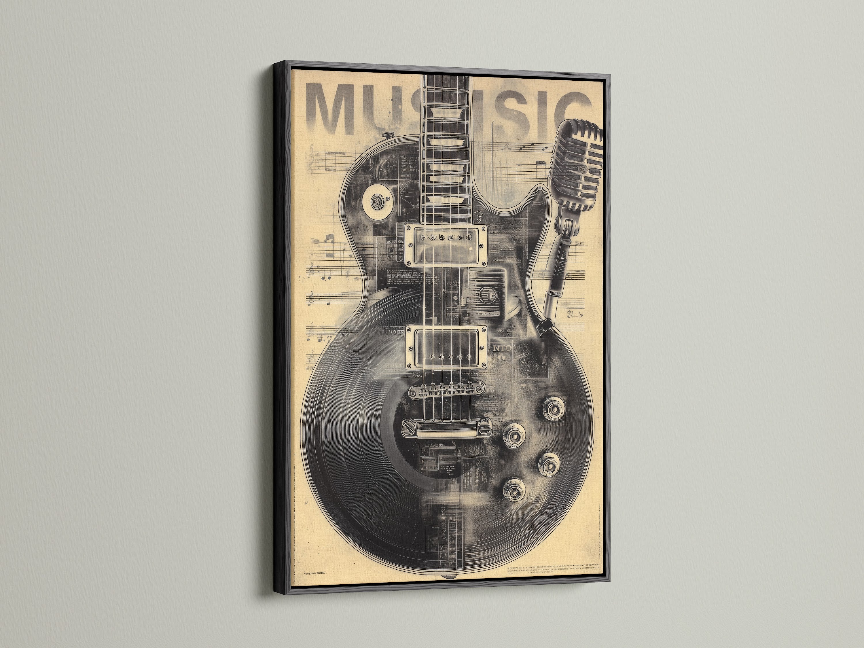 Vintage guitar music artwork displayed in a sleek black frame. The sepia print showcases a detailed guitar and microphone. The artwork is set against a background of sheet music. A perfect addition to music rooms and studios.