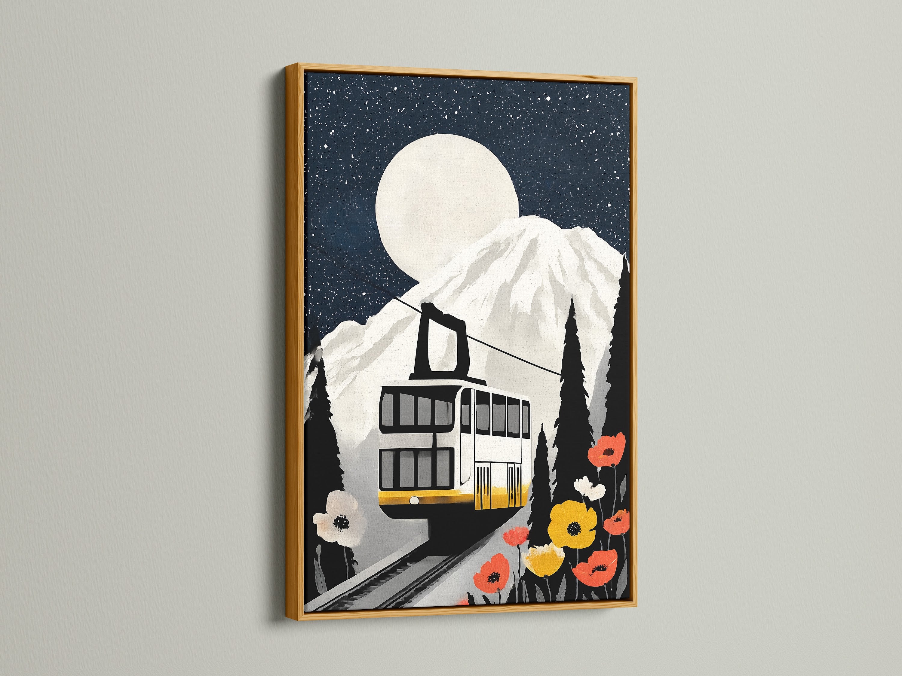 Mountain Railway art in a gold frame. The vintage cable car canvas art adds a touch of elegance to alpine decor. Use in a living room wall bedroom office or ski lodge. Perfect for homeowners renters interior designers and business owners.