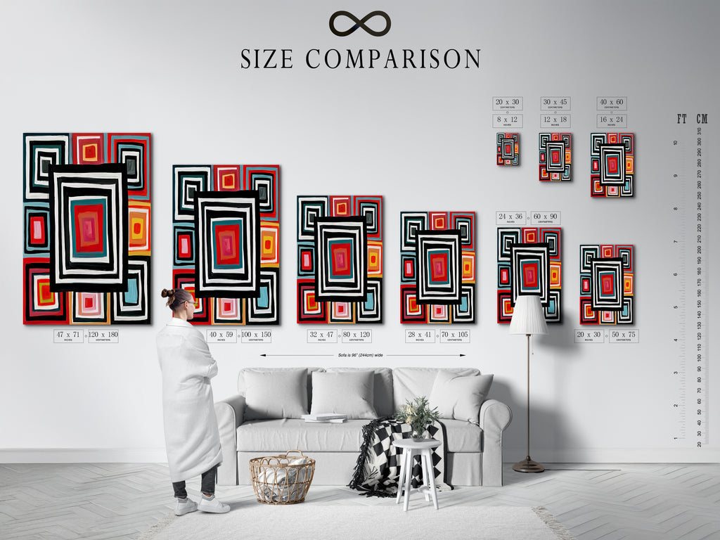 A size comparison chart in an interior setting. Visualize how the Geometric Squares canvas print fits in your space. This retro colorful wall artwork enhances any room. Perfect for modern abstract home decor. See the impact of square pattern art.