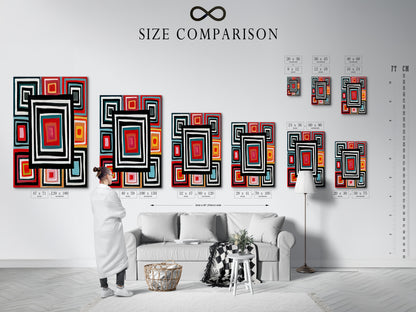 A size comparison chart in an interior setting. Visualize how the Geometric Squares canvas print fits in your space. This retro colorful wall artwork enhances any room. Perfect for modern abstract home decor. See the impact of square pattern art.