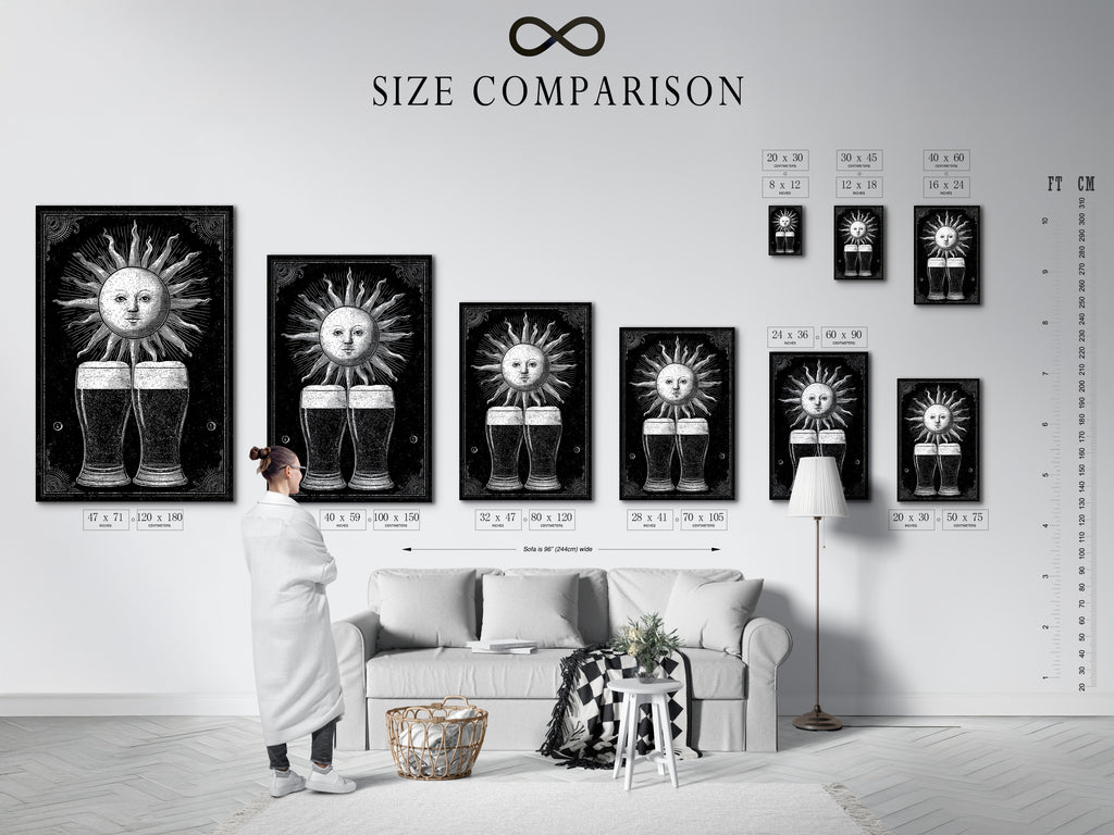 Size comparison chart is displayed in an interior setting. See how our art prints fit in your space. Choose the perfect size for your vintage sun illustration artwork. Visualize your art before you buy. Find the perfect fit.