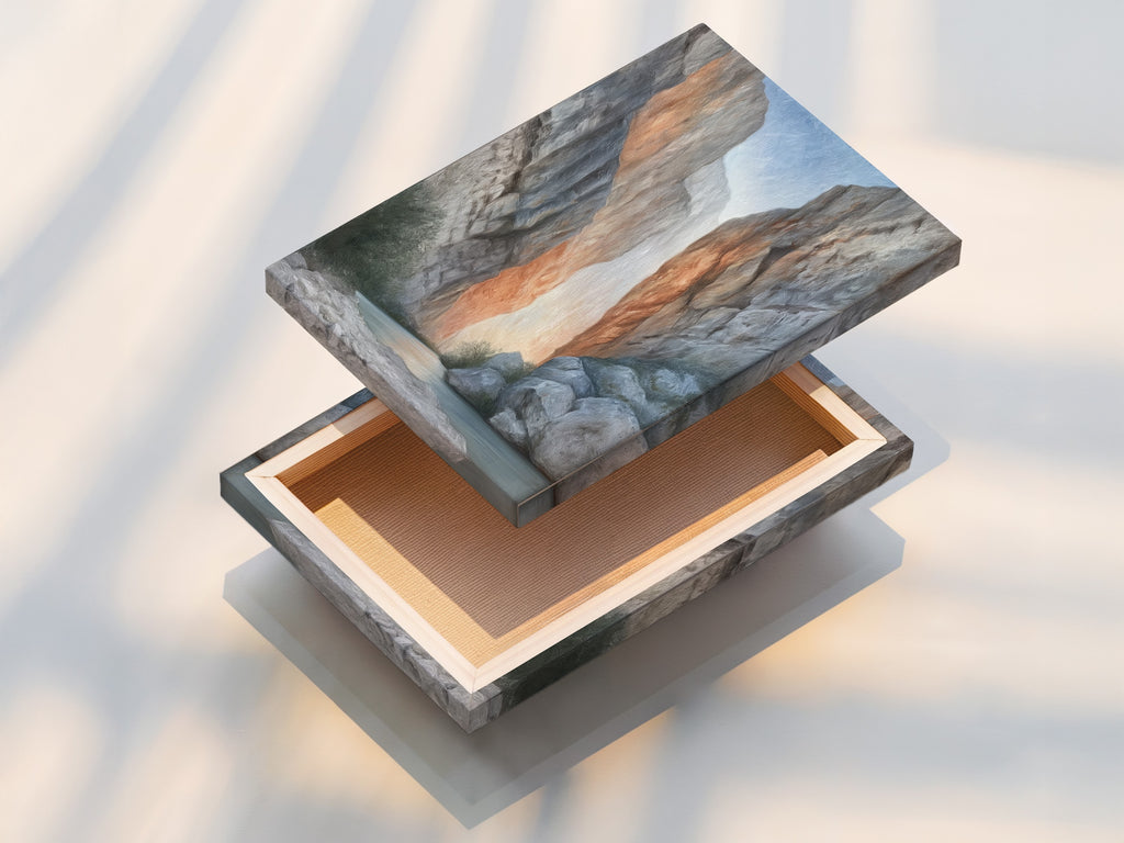 A stretched canvas print of canyon wall art. The neutral tone landscape photography is ready to hang. Perfect for adding a modern touch to any room. Ideal for homeowners and interior designers seeking elevated wall decor.