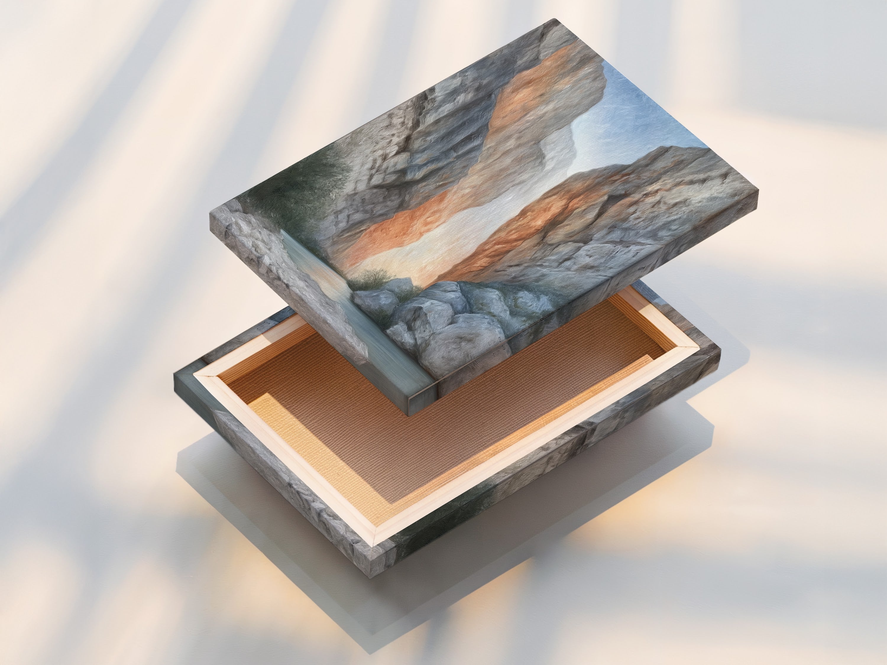 A stretched canvas print of canyon wall art. The neutral tone landscape photography is ready to hang. Perfect for adding a modern touch to any room. Ideal for homeowners and interior designers seeking elevated wall decor.