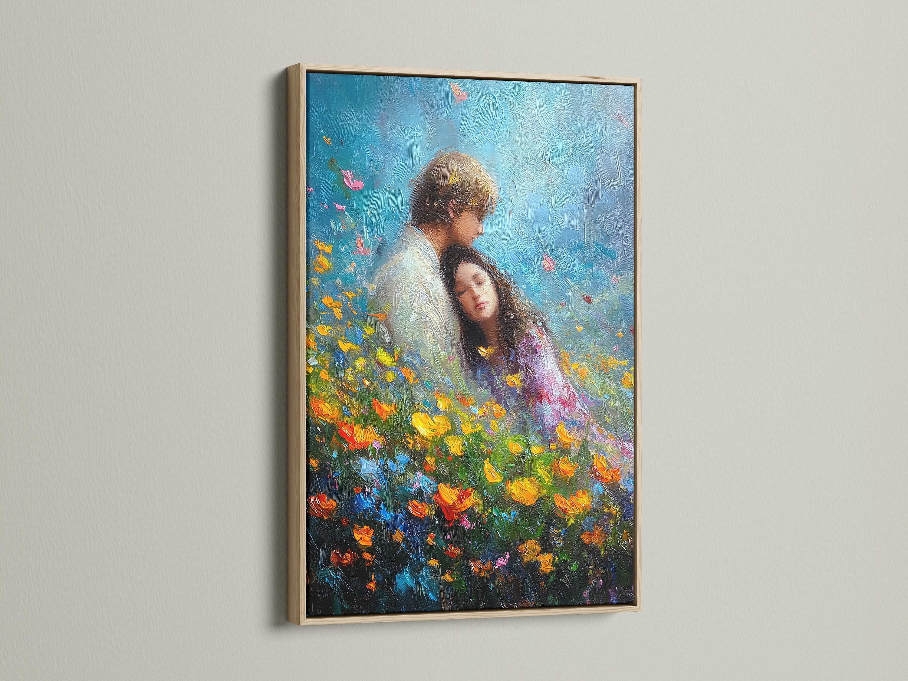 Artwork featuring an oak frame. The art portrays a couple nestled within a vibrant field of flowers. The oak frame adds a touch of nature. It's a classic choice that complements the artwork's colors and theme.
