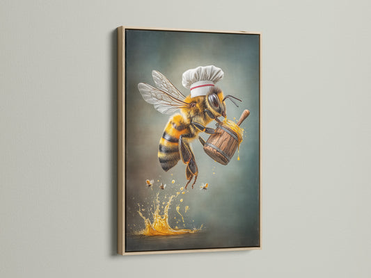 Chef Bee artwork showcased in an oak frame. This kitchen wall art features a honey bee chef. It is ideal for adding a whimsical touch to your dining room or restaurant decor. Discover culinary art prints for a unique touch.