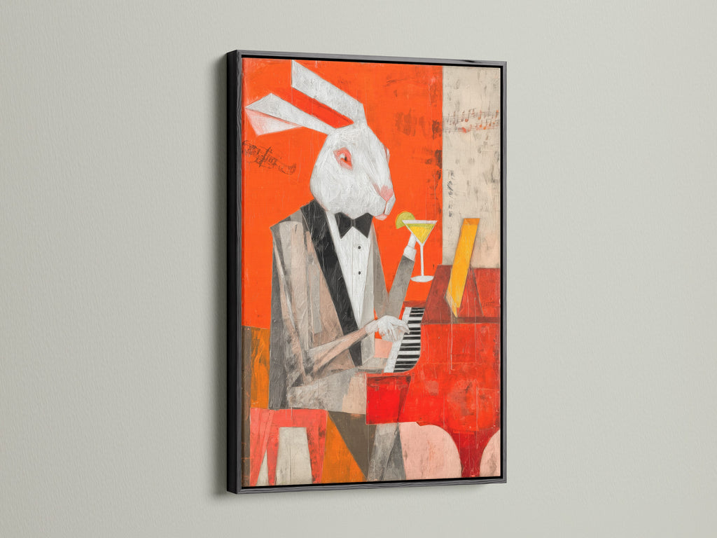 This abstract jazz music artwork features a black frame. The bold colors and contemporary style make it a standout piece. This is ideal for home bars and lounges. This piano art print adds character. Elevate your space with this striking animal-themed art today.