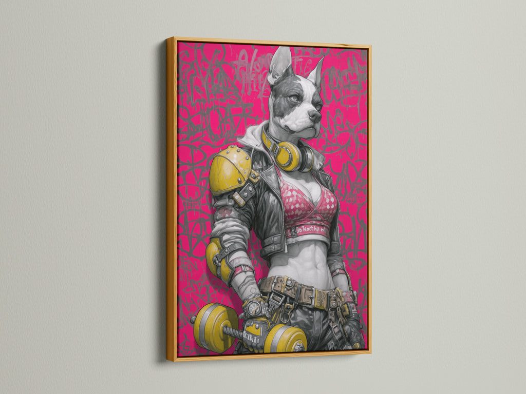 Cyberpunk Dog art print presented in a gold frame. This graffiti art print features a futuristic French Bulldog. The neon pink artwork is perfect for adding color to your studio decor. This modern wall decor is a great gift for fitness buffs.