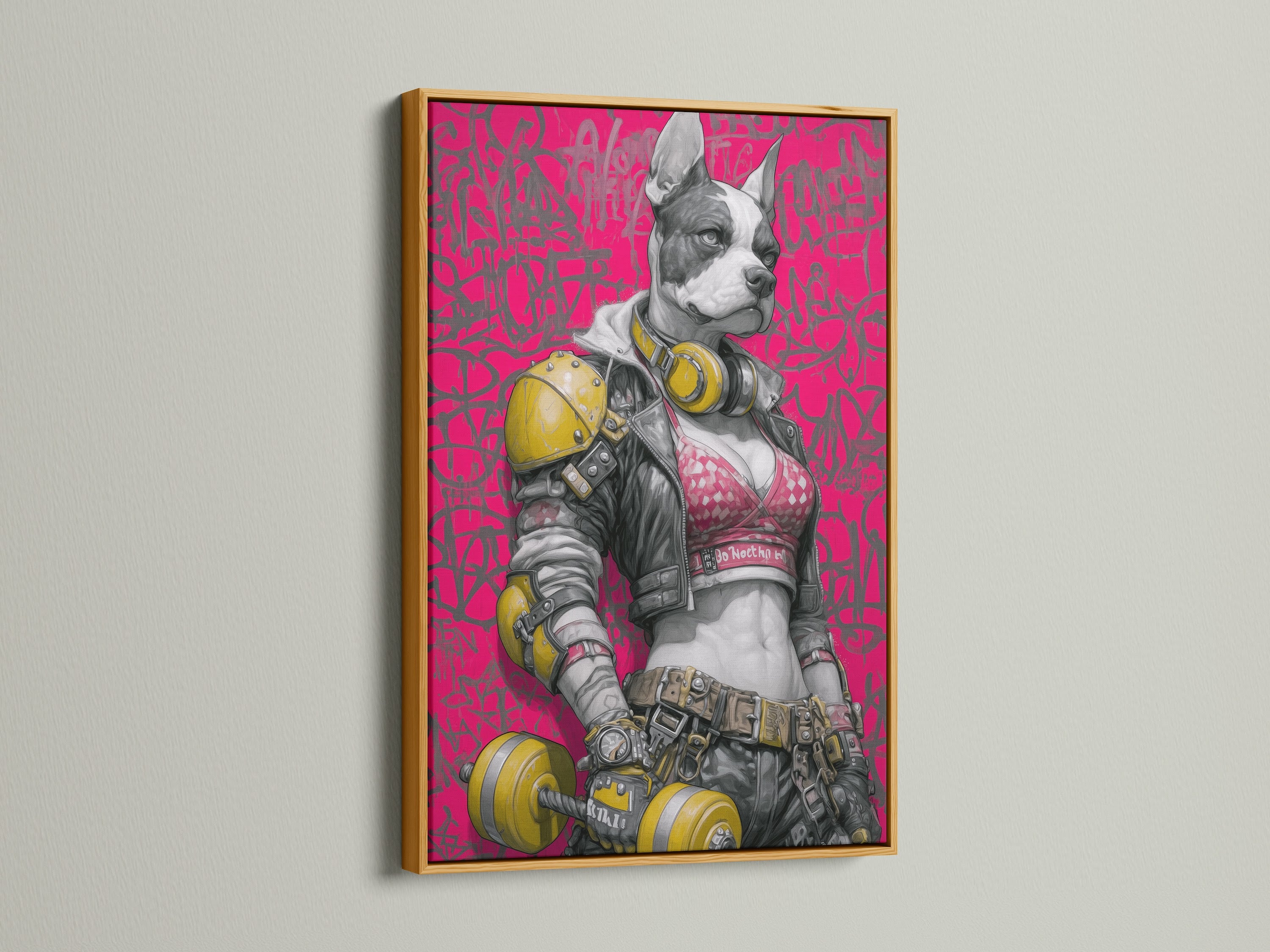 Cyberpunk Dog art print presented in a gold frame. This graffiti art print features a futuristic French Bulldog. The neon pink artwork is perfect for adding color to your studio decor. This modern wall decor is a great gift for fitness buffs.