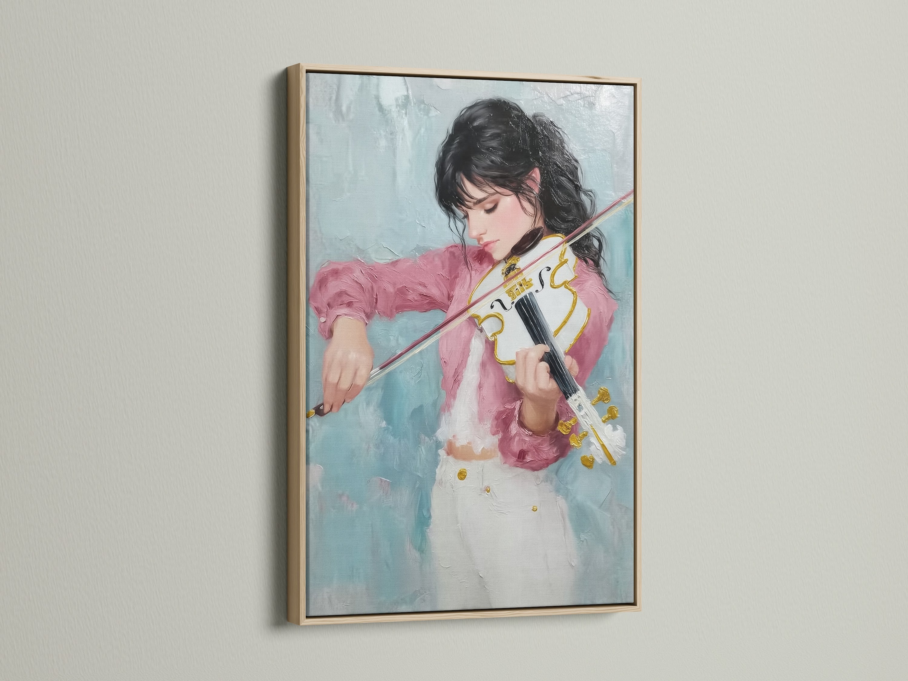 Violinist canvas art showcased in an oak frame. The artwork features a girl playing a violin. The canvas enhances the musical artwork. This artwork makes a thoughtful musician gift. It is ideal for adding a touch of sophistication to any space.