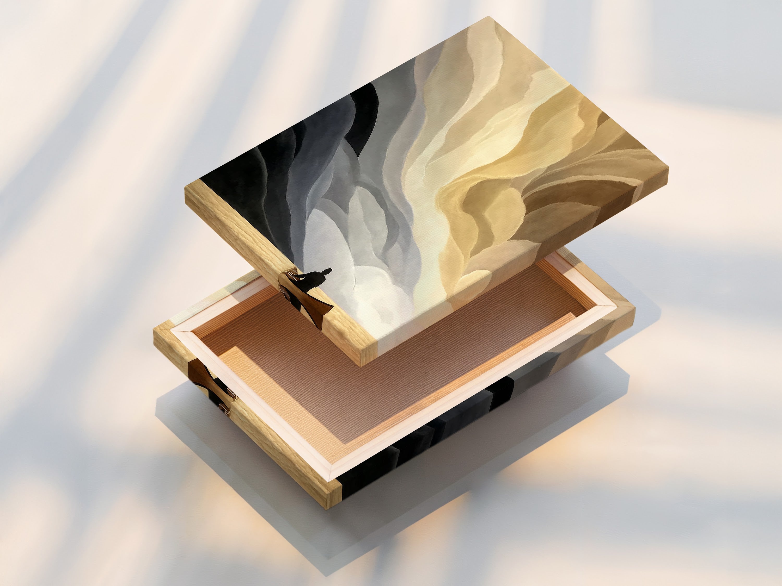 Stretched canvas print featuring abstract boat art. The artwork is neutral in tone with beige and gray hues. Minimalist seascape artwork perfect for modern spaces. Elevate your office decor with this canvas print. The calming art suits minimalist Scandinavian and coastal styles.