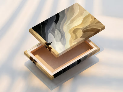 Stretched canvas print featuring abstract boat art. The artwork is neutral in tone with beige and gray hues. Minimalist seascape artwork perfect for modern spaces. Elevate your office decor with this canvas print. The calming art suits minimalist Scandinavian and coastal styles.