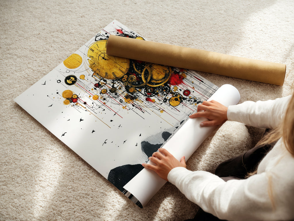 A woman is carefully rolling a fine art poster paper. This high-quality paper is perfect for surreal time artwork. Preserve the details of abstract clock art. Ensure your golden landscape poster lasts with this fine art material. This poster is perfect for office wall decor.
