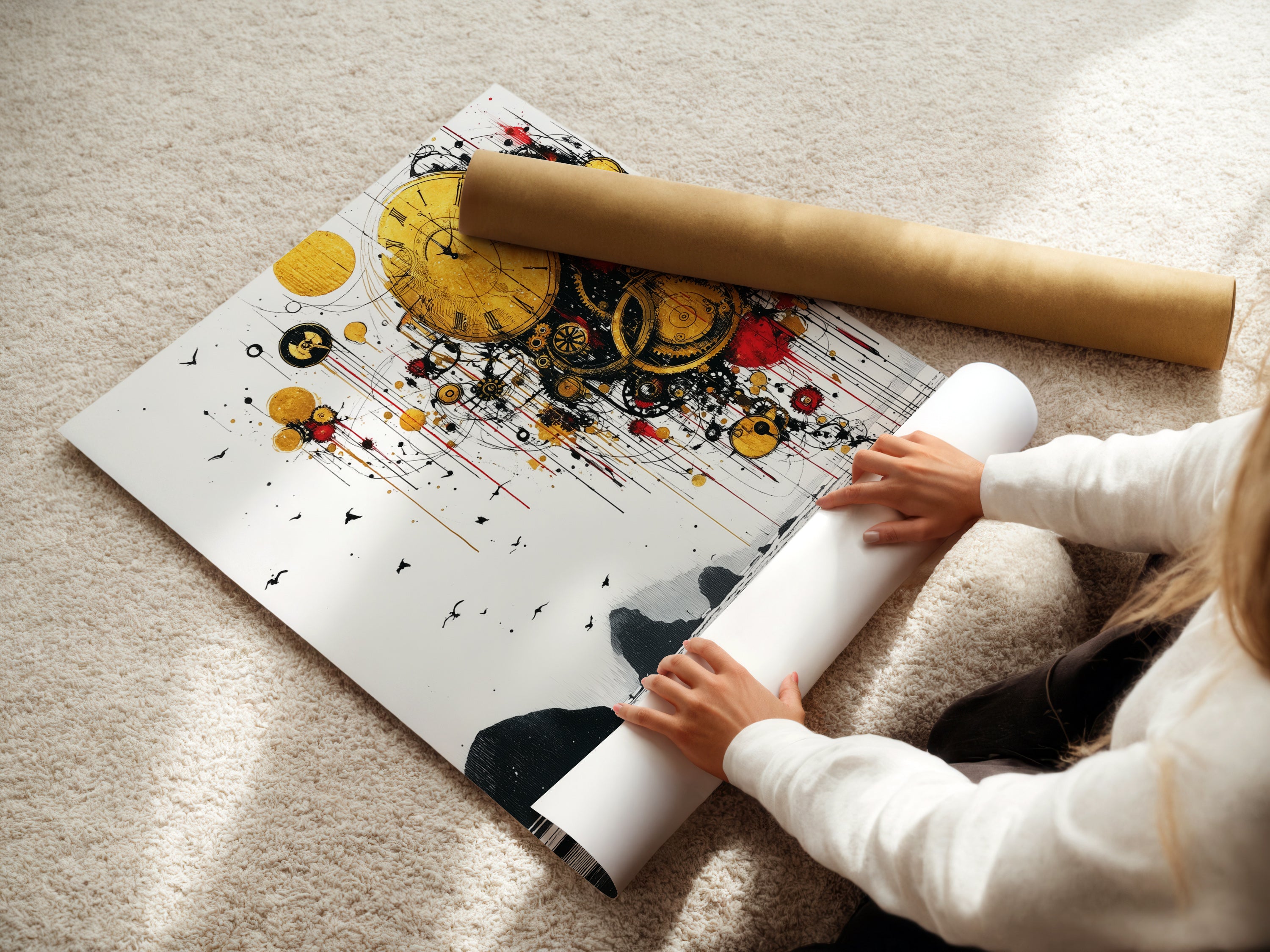 A woman is carefully rolling a fine art poster paper. This high-quality paper is perfect for surreal time artwork. Preserve the details of abstract clock art. Ensure your golden landscape poster lasts with this fine art material. This poster is perfect for office wall decor.