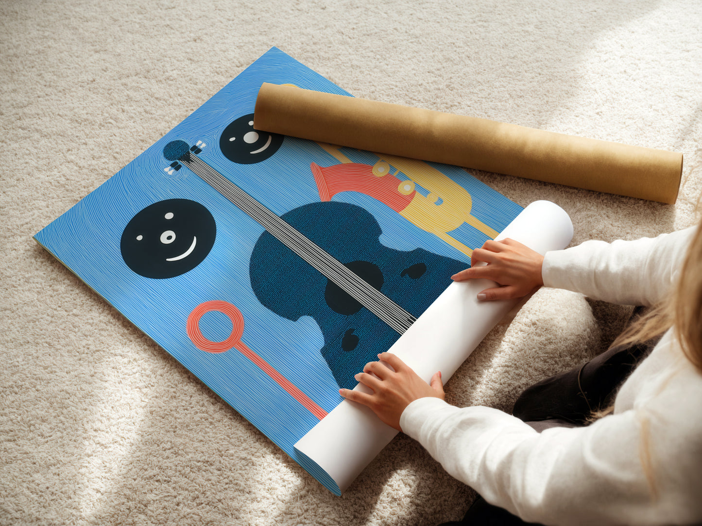 A woman is carefully rolling a fine art poster paper print. The print showcases abstract music instrument artwork. This blue and yellow art is perfect for music rooms and studios. It makes a great gift for musicians.