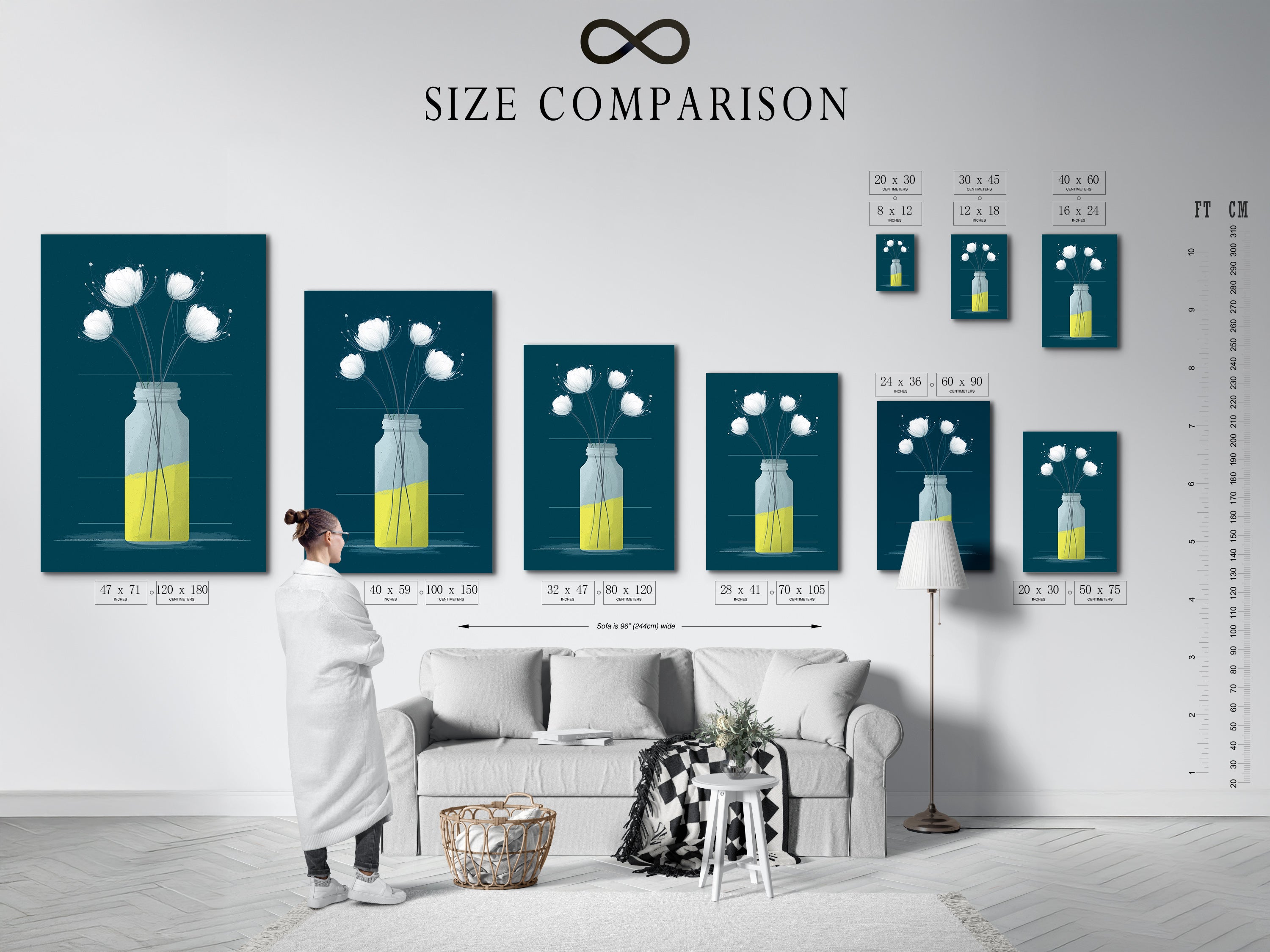 A size comparison chart displayed in an interior setting. The chart helps visualize various canvas print sizes. Perfect for planning your wall art arrangement. Find the ideal size for your floral canvas art or botanical print.