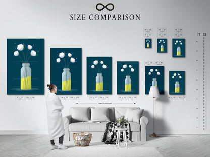A size comparison chart displayed in an interior setting. The chart helps visualize various canvas print sizes. Perfect for planning your wall art arrangement. Find the ideal size for your floral canvas art or botanical print.
