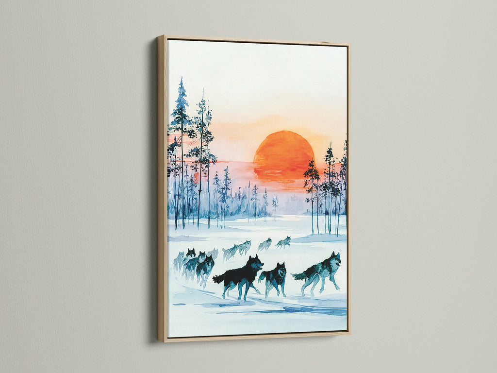 A captivating oak frame showcases wolf art against a winter canvas. This forest print adds a touch of landscape wall art to any room. Teal blue hues and pine trees enhance its rustic charm.