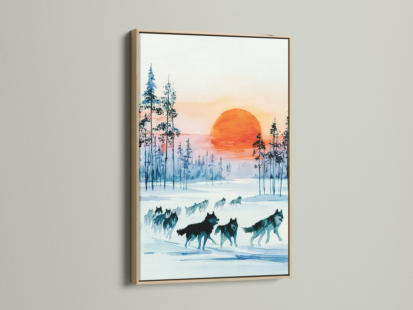 A captivating oak frame showcases wolf art against a winter canvas. This forest print adds a touch of landscape wall art to any room. Teal blue hues and pine trees enhance its rustic charm.