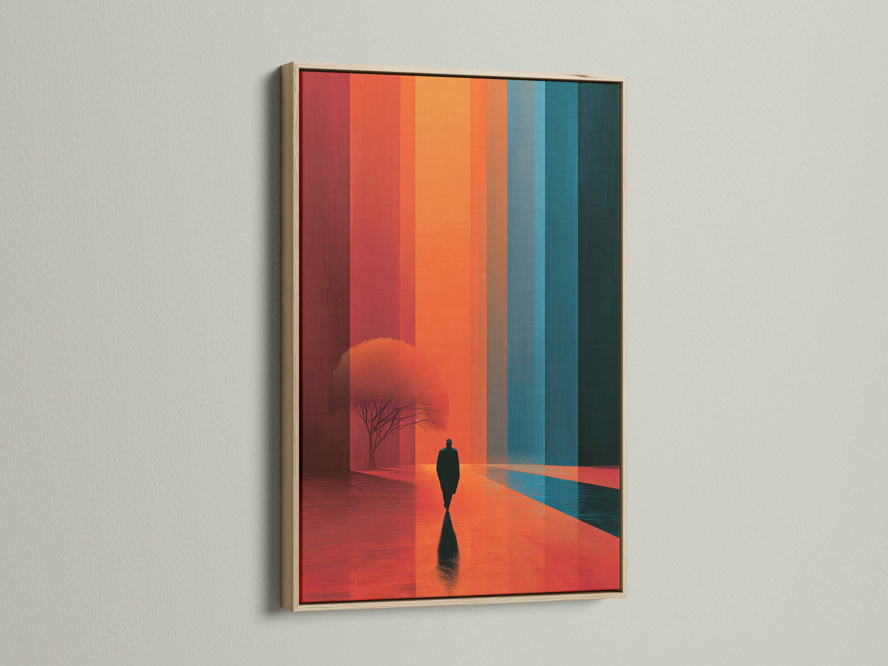 Surreal landscape artwork with an oak frame. This modern abstract wall art features a minimalist figure. The artwork showcases orange and teal hues. Enhance your living room bedroom or office wall with this contemporary art.