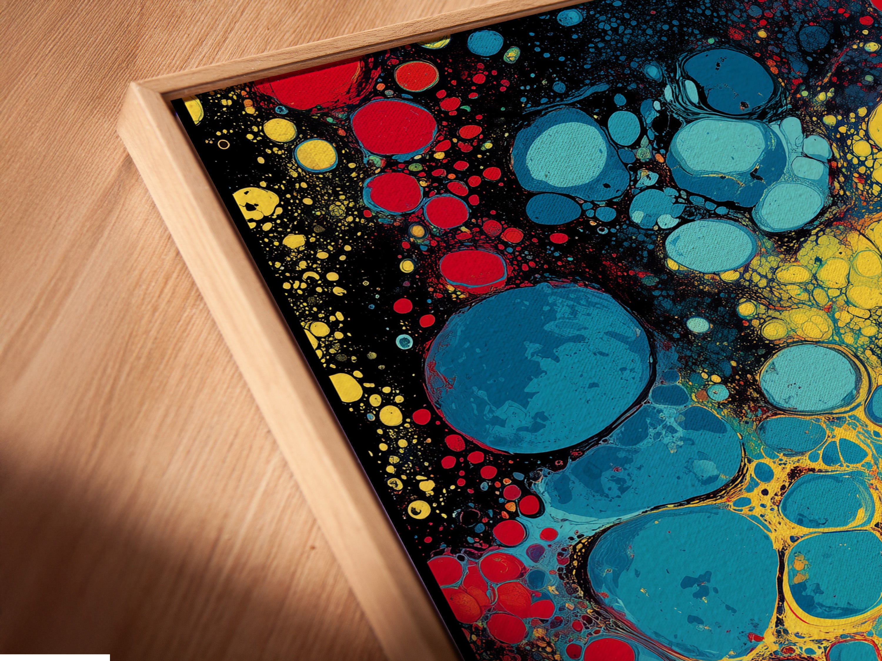 Close-up shot of a canvas print in a floating frame. The floating frame gives a modern gallery look. The art seems to float within the frame. This framing style adds depth and visual interest to any piece.