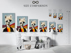 A size comparison chart in an interior setting. Visualize cool llama artwork dimensions. See how this quirky animal print fits your space. Alpaca canvas options for your wall decor.