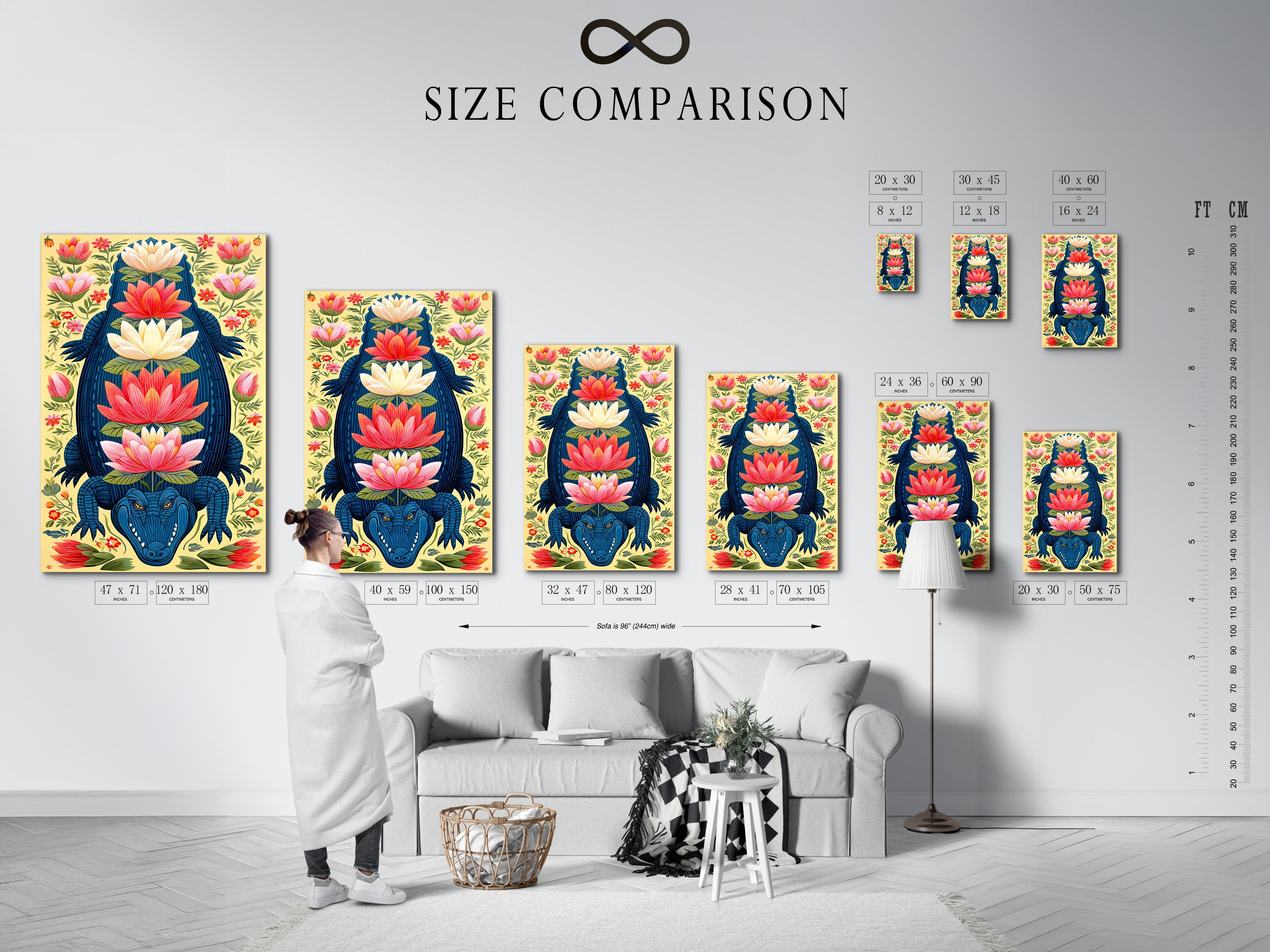 A size comparison chart is set in an interior showcasing the Alligator artwork. Visualize how different sizes of this botanical print fit in your space. The teal and coral colors enhance any room. Choose the perfect dimensions for your canvas or fine art poster today.