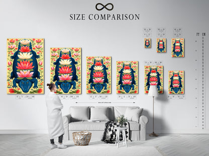 A size comparison chart is set in an interior showcasing the Alligator artwork. Visualize how different sizes of this botanical print fit in your space. The teal and coral colors enhance any room. Choose the perfect dimensions for your canvas or fine art poster today.