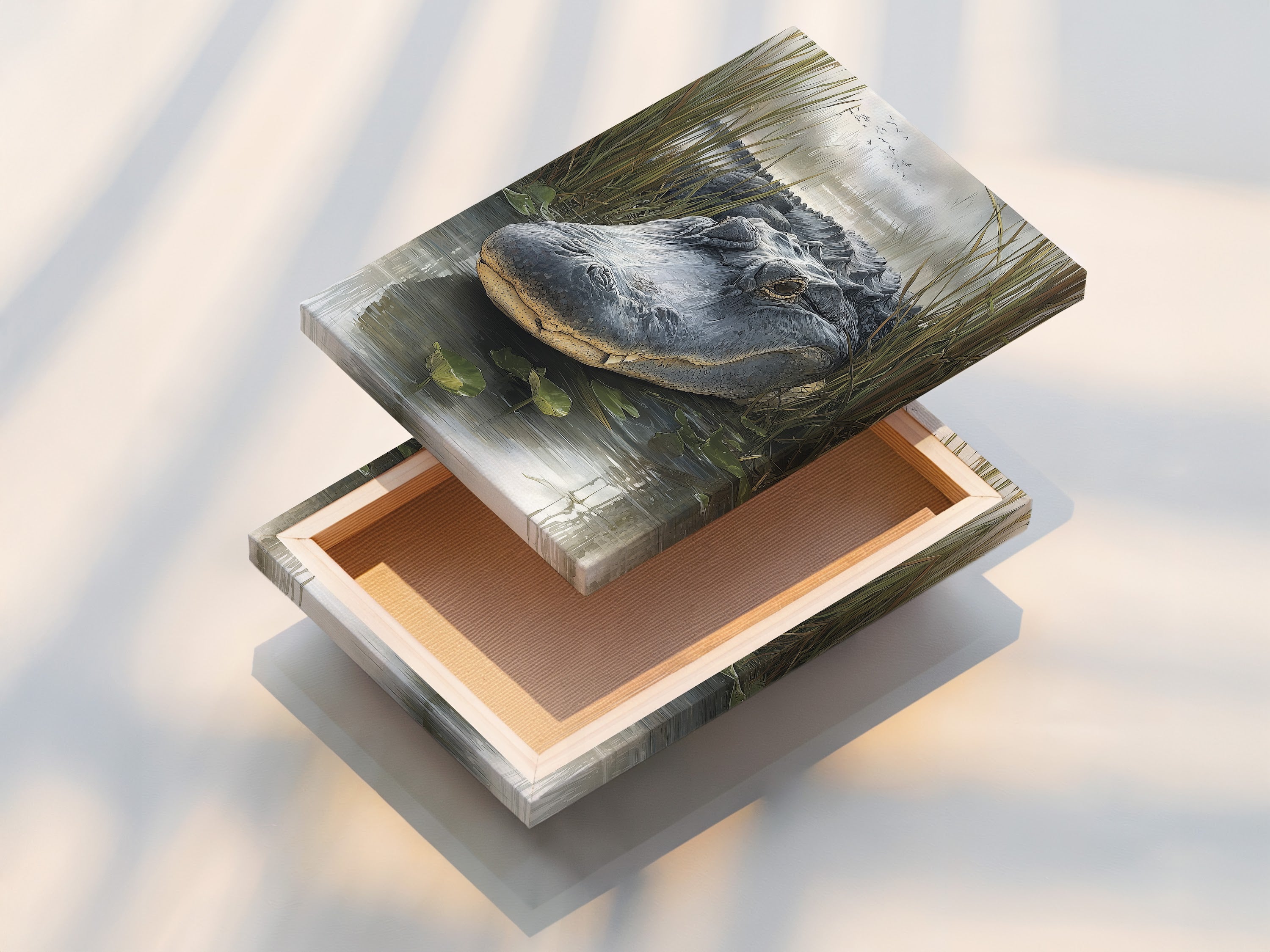 A stretched canvas print displayed on a wall. The canvas print offers a gallery-worthy look. Stretched canvas adds texture and depth. Elevate your art with this premium print option.