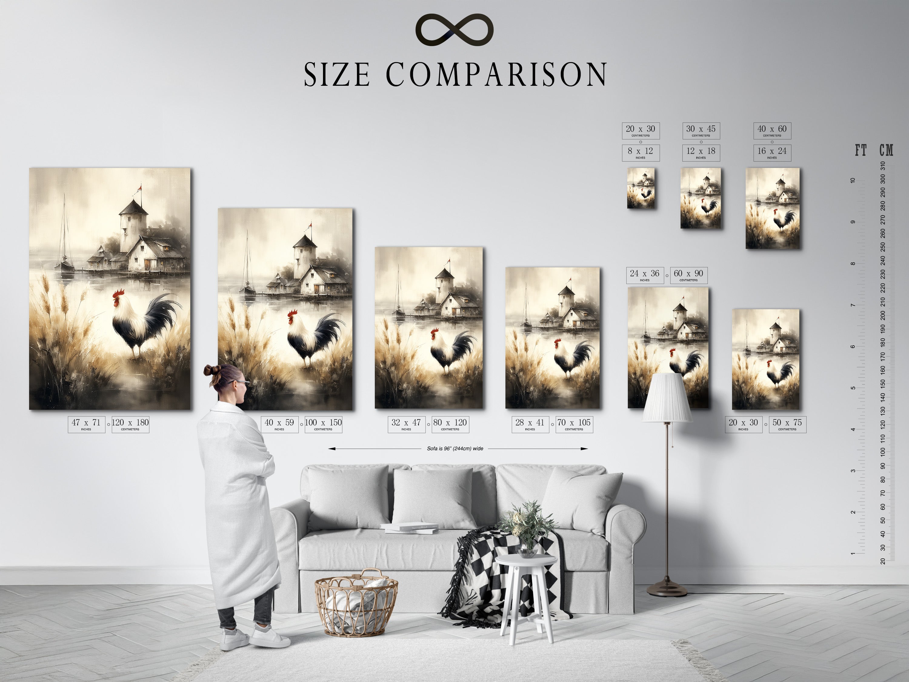 Size comparison chart displayed in an interior. The chart shows rooster artwork dimensions. Find the perfect size for your farmhouse decor. This rustic canvas print is ideal for any room. The vintage watercolor painting.