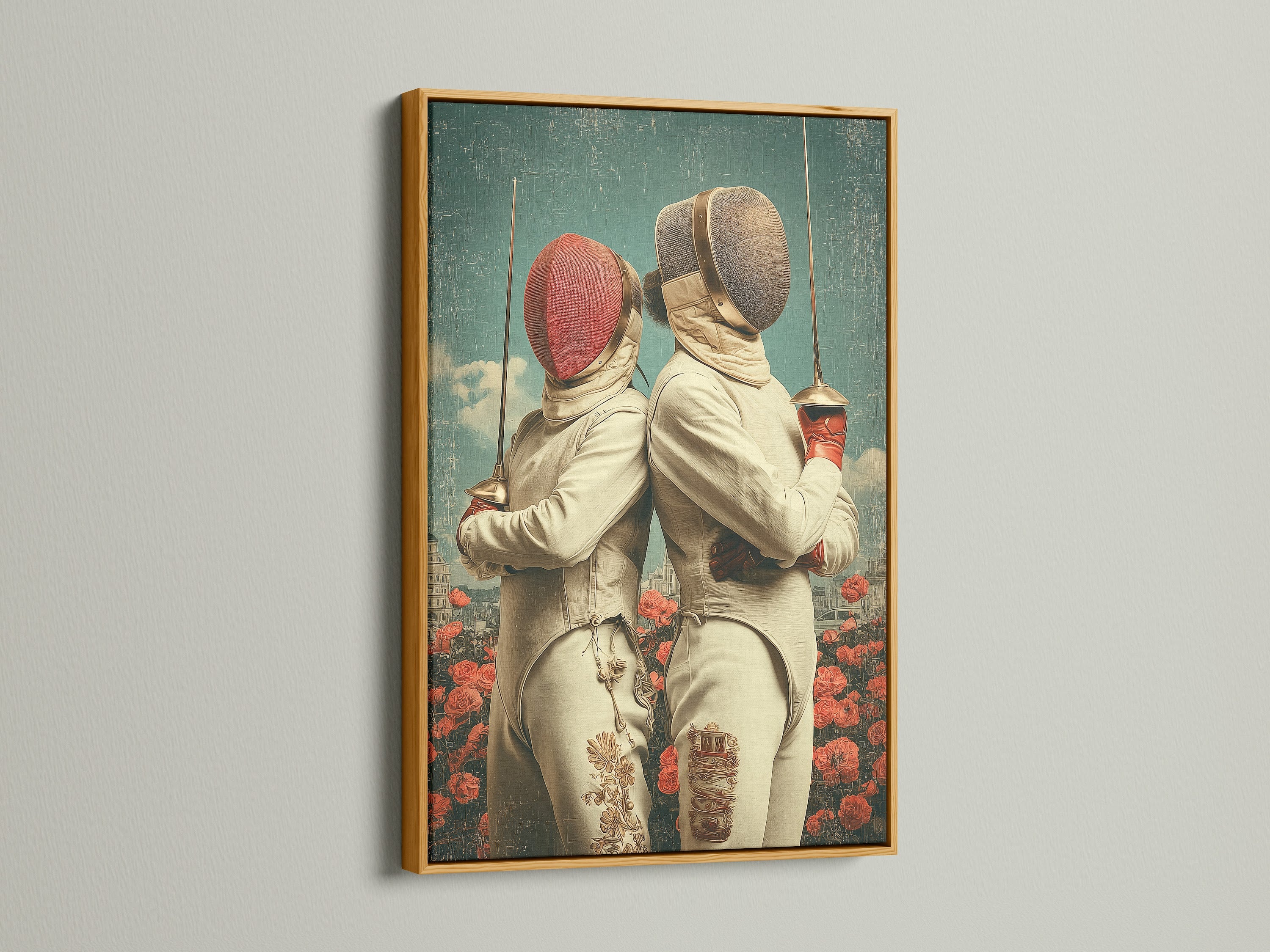 Vintage fencing artwork is highlighted by a gold frame. Two fencers are featured in this surreal sports artwork. Red flowers and a city skyline complete the artwork. This athletic canvas print adds a touch of retro charm.
