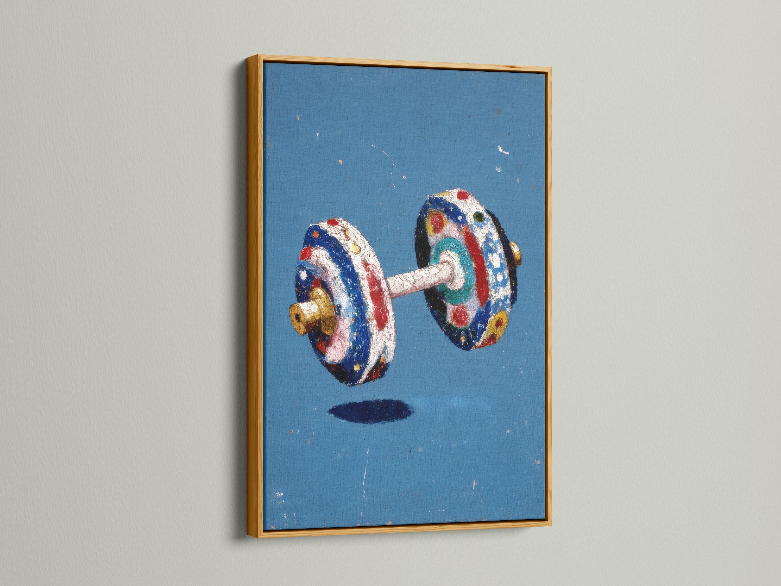 Vintage dumbbell art print in a gold frame. Colorful gym wall decor. Retro fitness canvas art for home gym and office space. A unique piece of sports wall art. Ideal for homeowners renters and personal trainers.