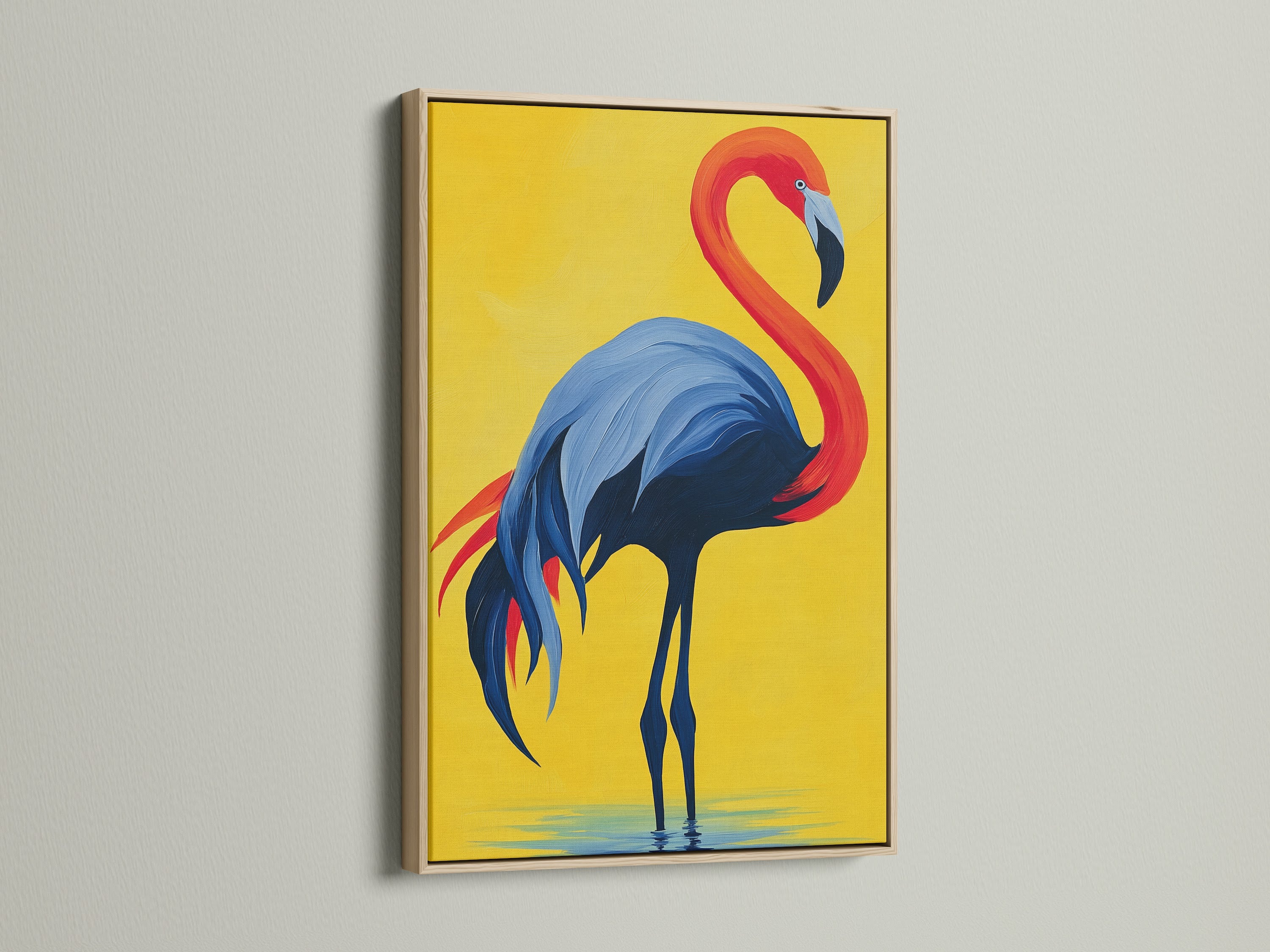 The flamingo artwork is beautifully showcased in an oak frame. The natural wood complements the modern bird artwork. The red blue and yellow wall art adds a touch of sophistication to your home decor. Perfect for coastal themes.