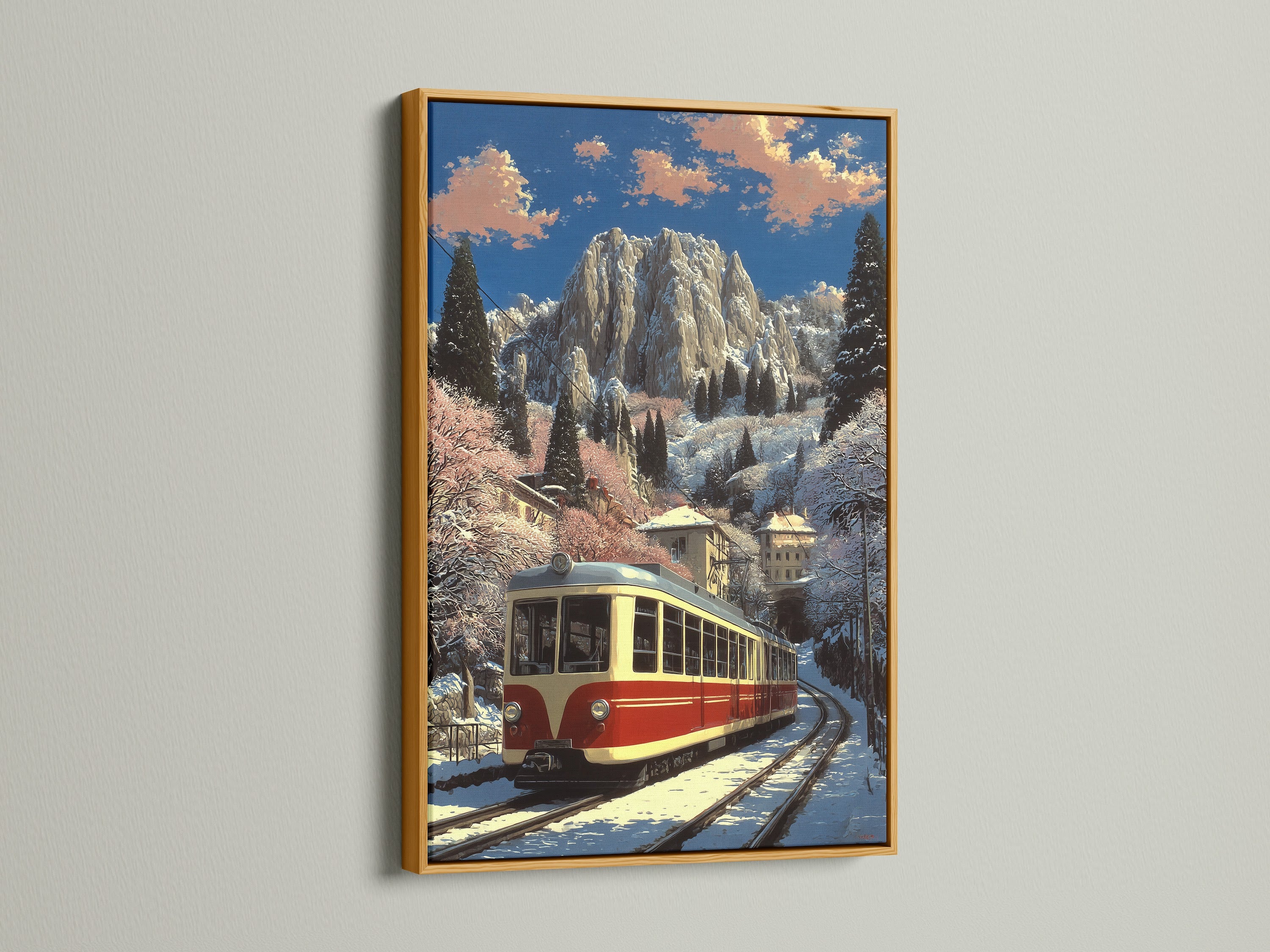 Vintage train artwork presented in a gold frame. The art features an alpine mountain railway in a winter setting. The gold frame enhances the vintage feel. It brings warmth to any space.
