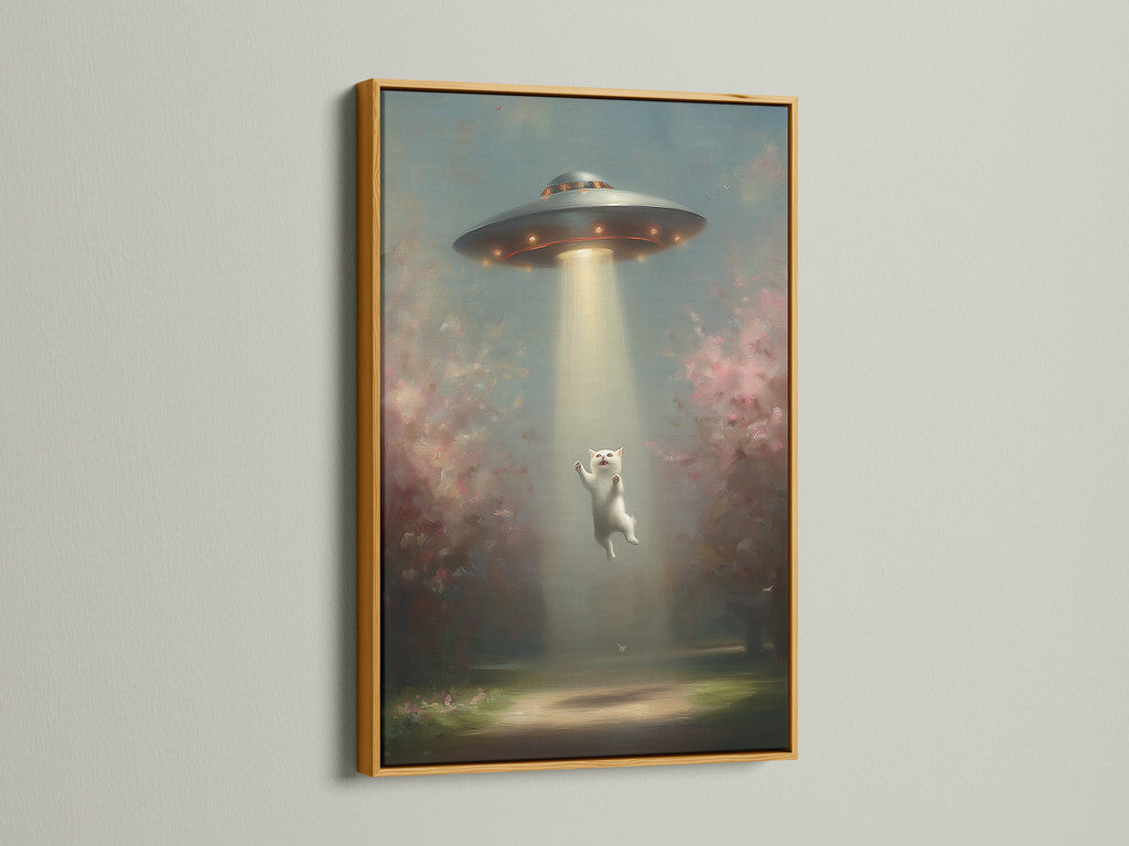 A gold frame surrounds the UFO Cat art print. The gold frame complements the pink and green tones. This space art print brings cosmic charm to your home or office.