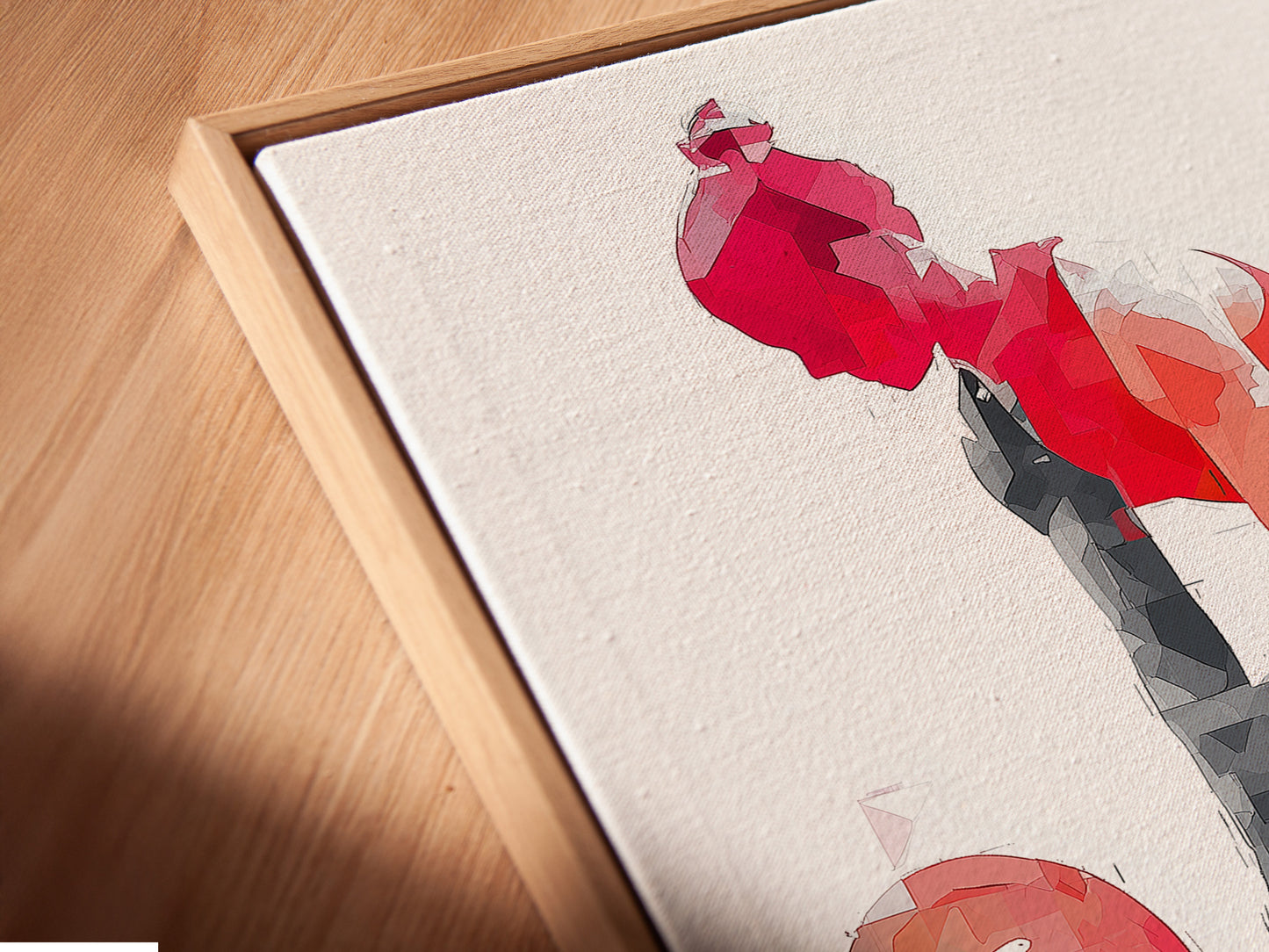 Close up angled view of a canvas print in a floating frame. The geometric fitness artwork is showcased beautifully. Red abstract gym poster perfect for adding a modern touch to your workout space.